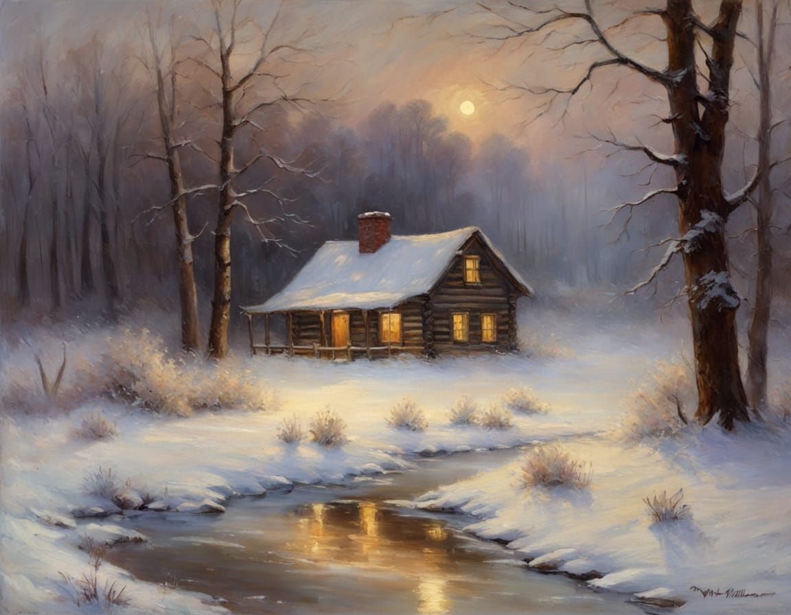 Winter Cabin in Forest: Impressionist Landscape in Soft Focu...