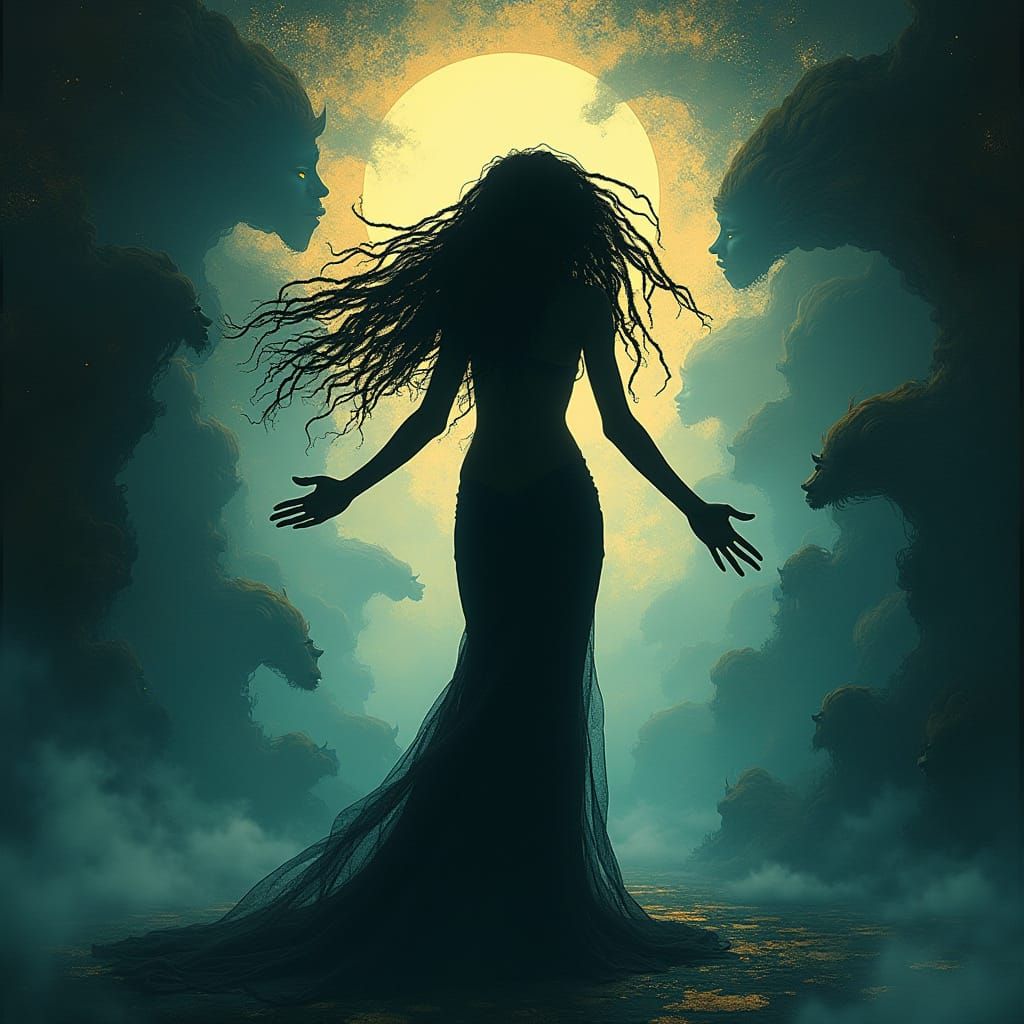 Surrealist Ukiyo-E Masterpiece with Luminous Black Woman