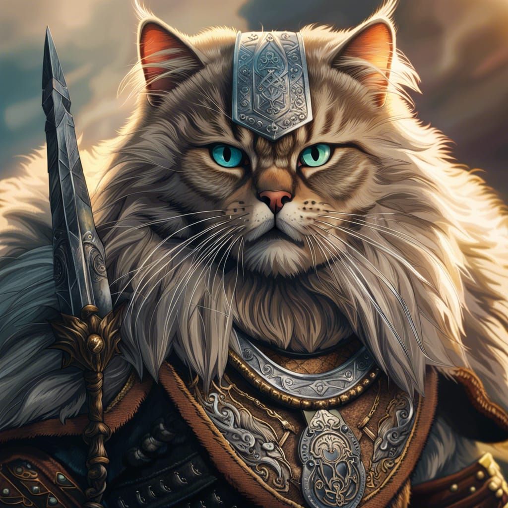 Siberian cat viking warrior ready for battle
