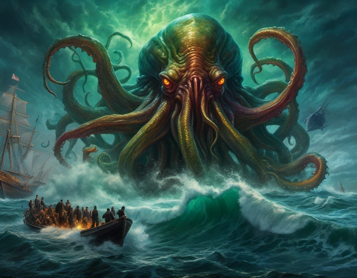 Cthulhu Emerges from the Ocean in Oil Painting Style