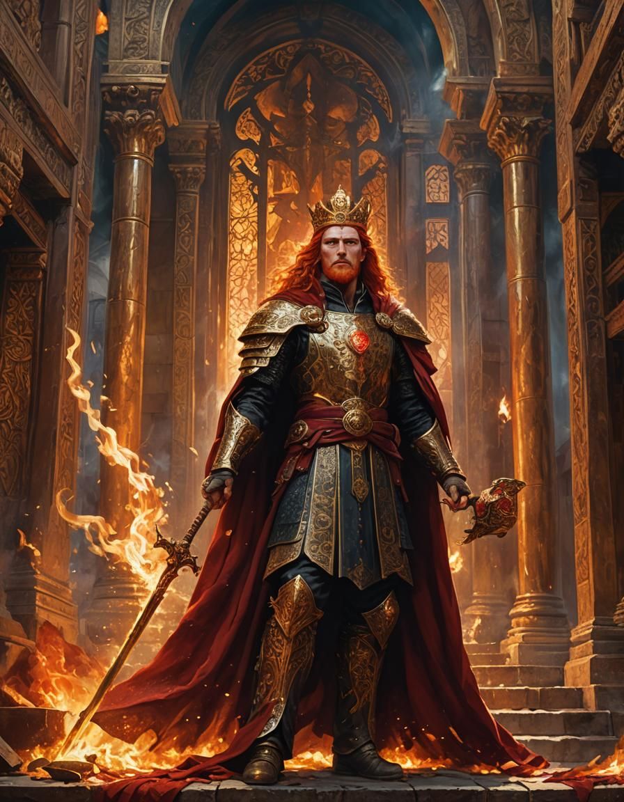 Regal Red-Haired King Amidst Flames as Oil Painting