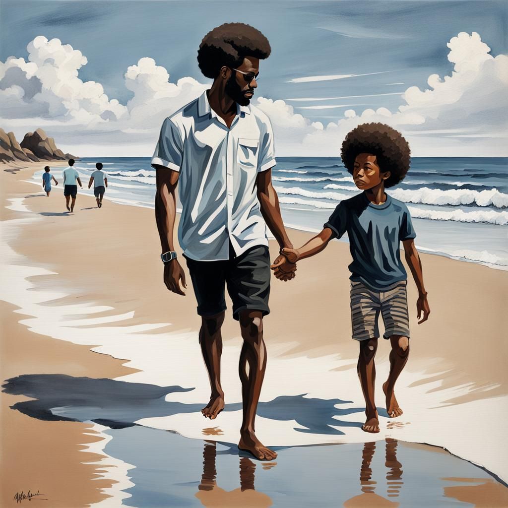 Boy and Man Walking on Beach: Gouache Painting