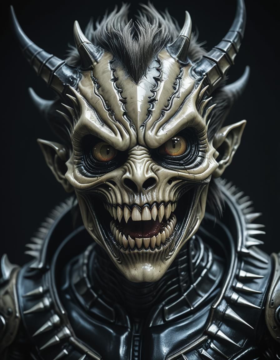 In style of HR Giger, a “sharp teeth Demon Boy”, scary, maca...