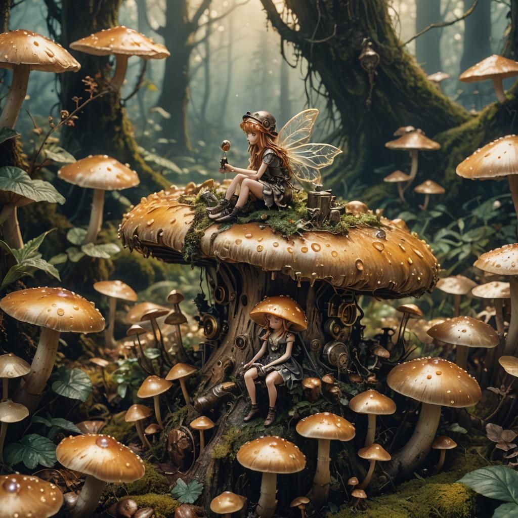 Macro photography of a tiny fairy sitting on a mushroom. Dew...