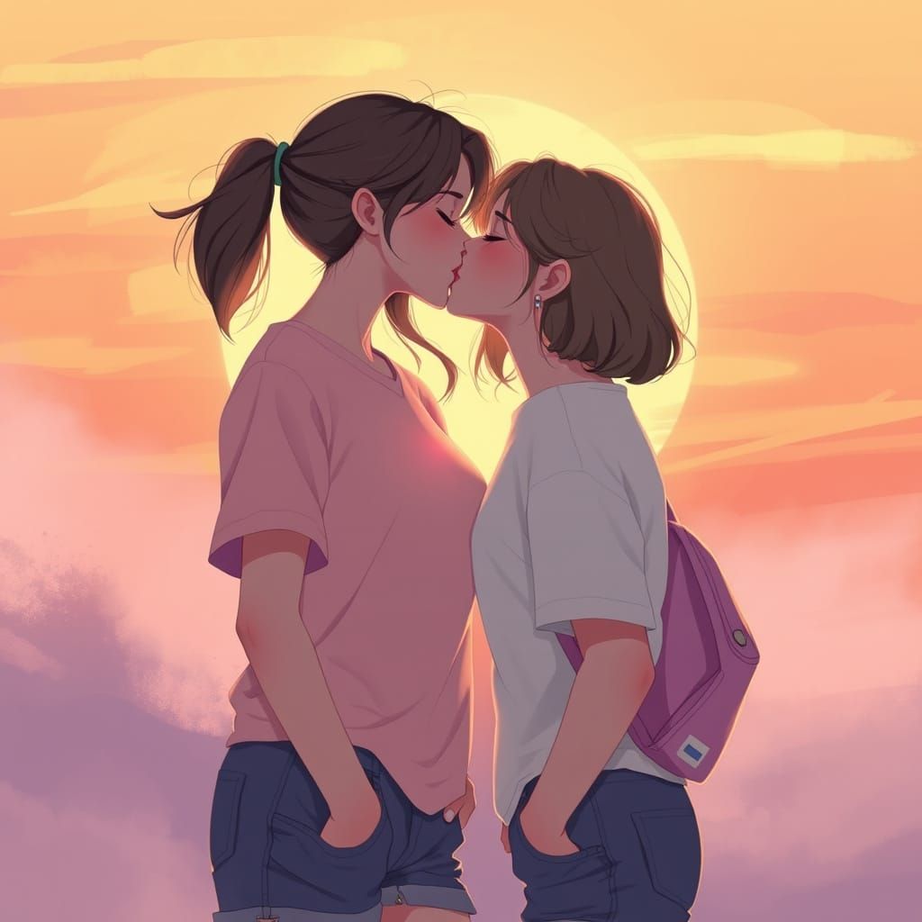 Two Young Women in a Soft, Dreamy Embrace