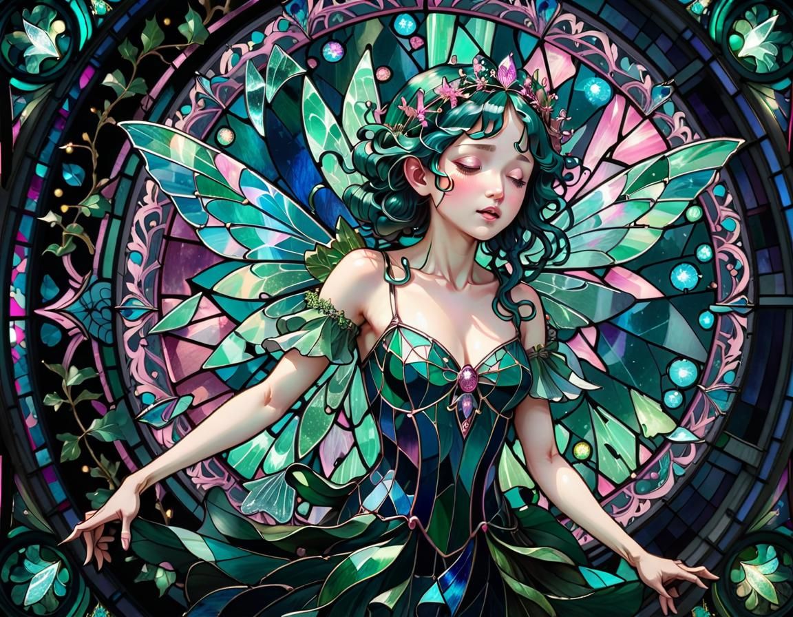 Baroque Fairy Sings Before Stained Glass Mandala