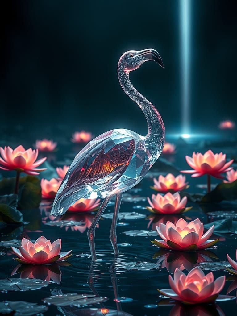 Crystal Flamingo in Ethereal Lotus Garden