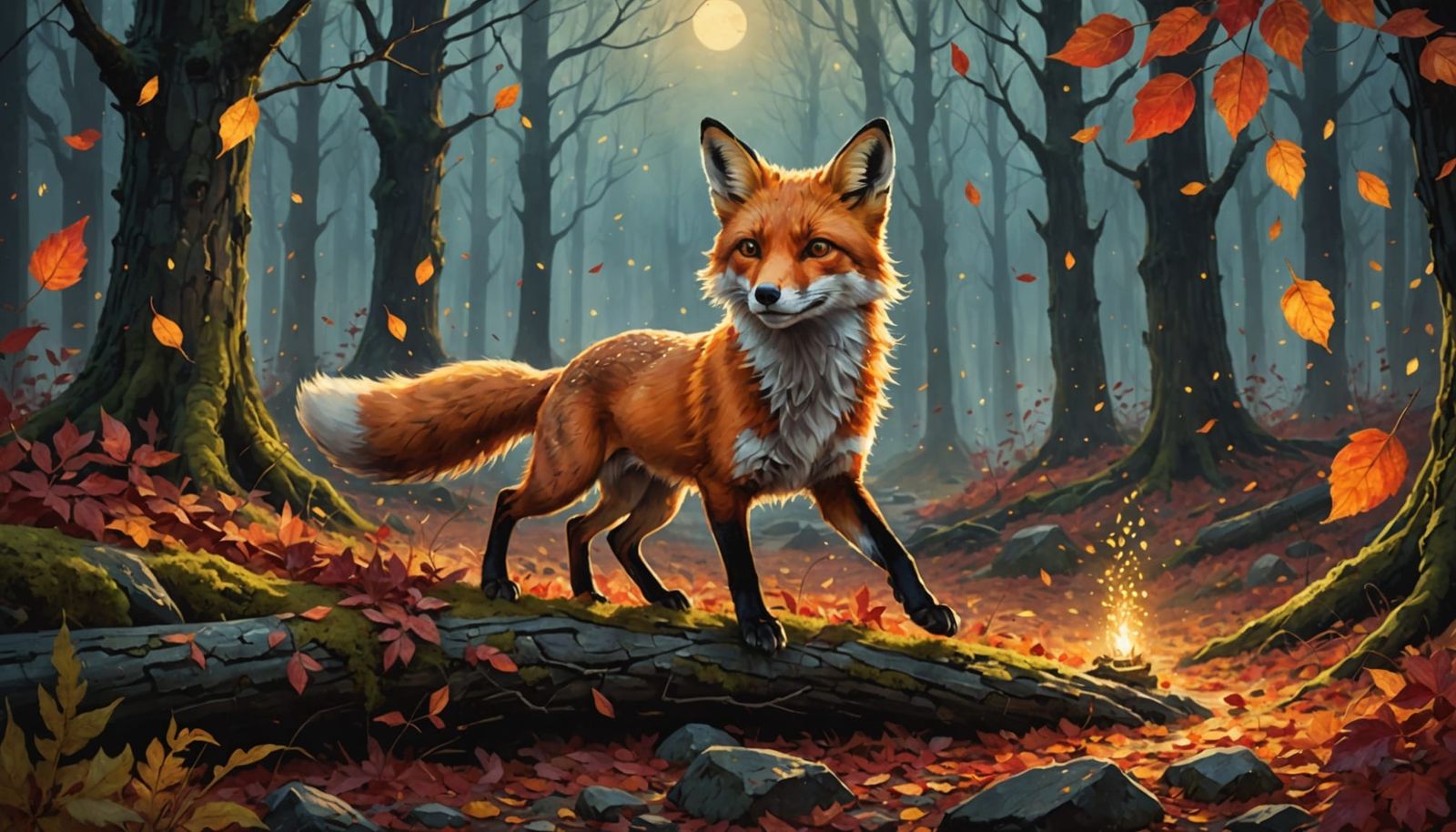 Mischievous Fox Chasing Firefly in Enchanted Autumn Forest