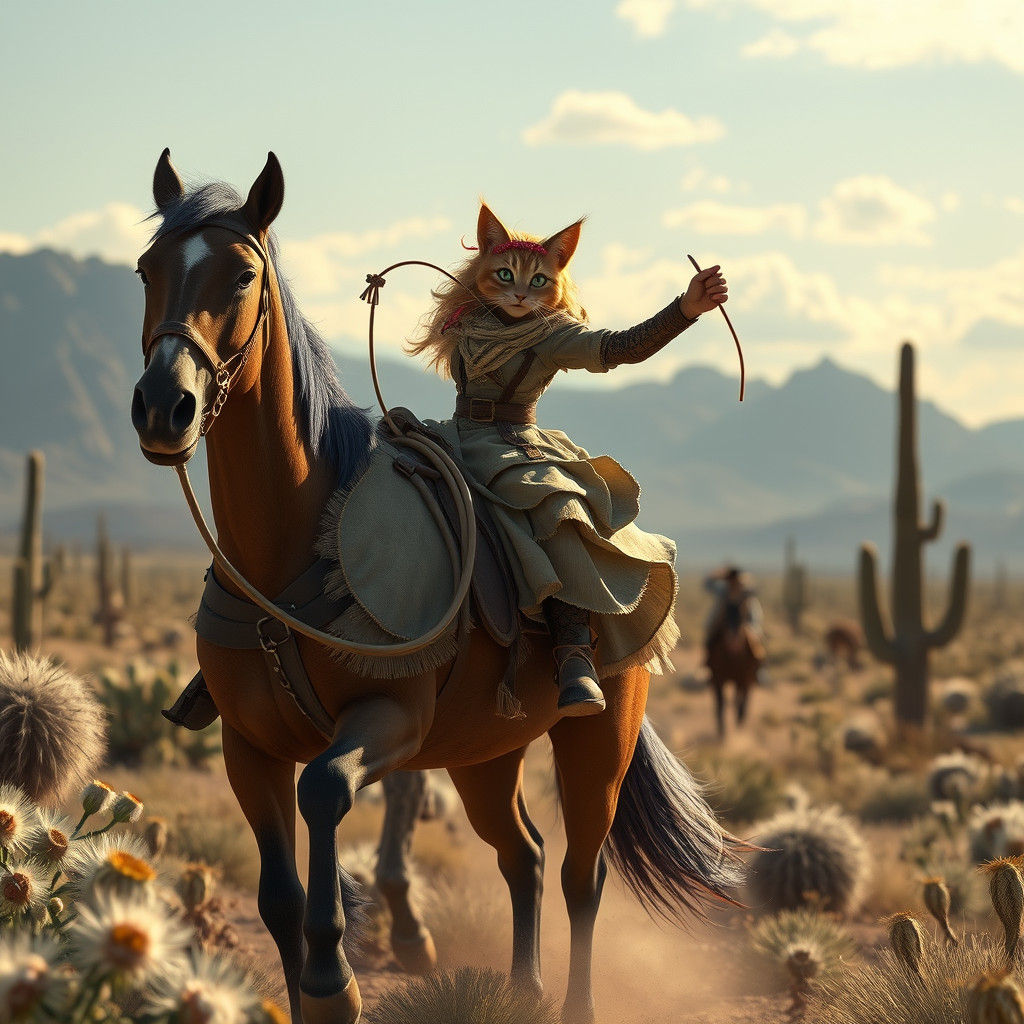 Guinea Pig Cat Lassoing Horse in Wild West Matte Painting