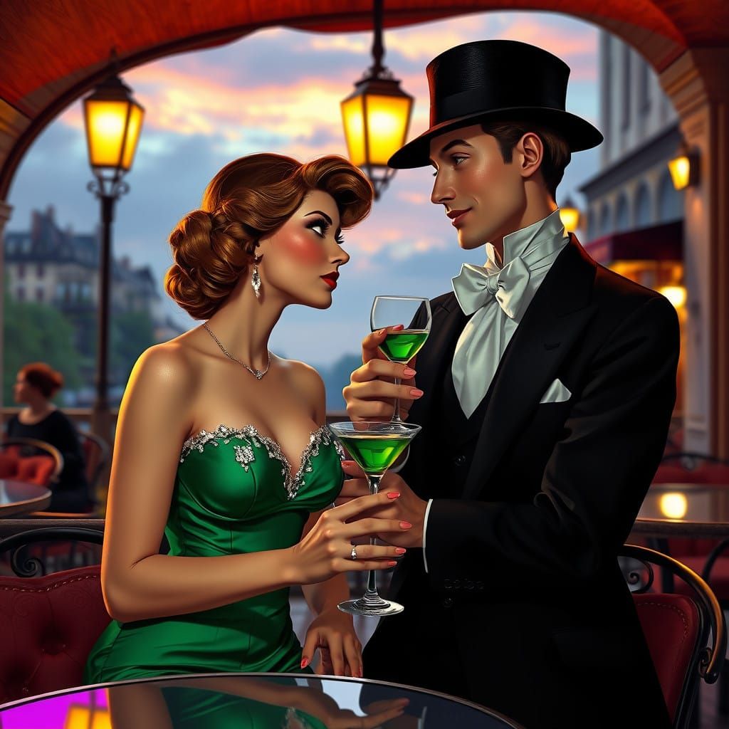 Ethereal Dandy Couple in Surrealistic Café Scene