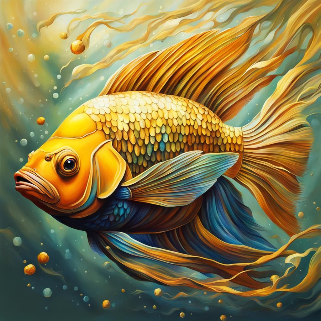 Golden Fish Abstract Painting in Hyperrealistic Style