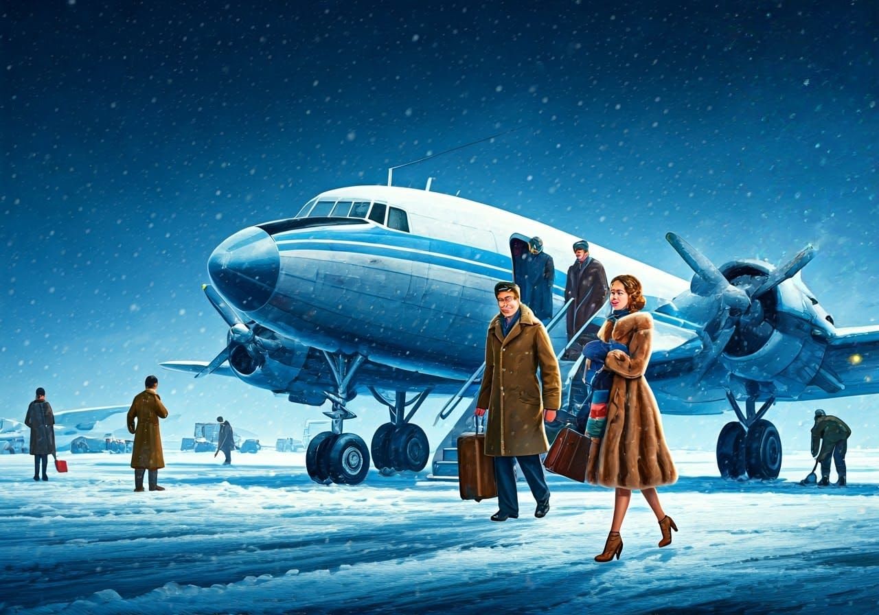 Vintage Airplane Dominates Winter Airport Scene with Chic Pa...