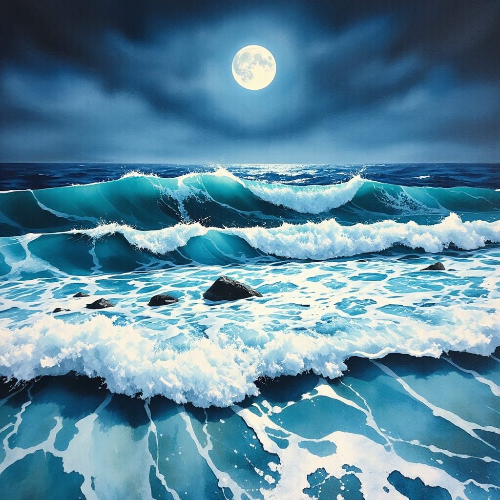 Nocturnal Ocean Scene in Vibrant Watercolor Style