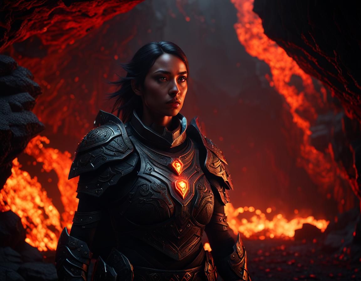 Lava Armor Woman in Dark Cave, Cinematic Render