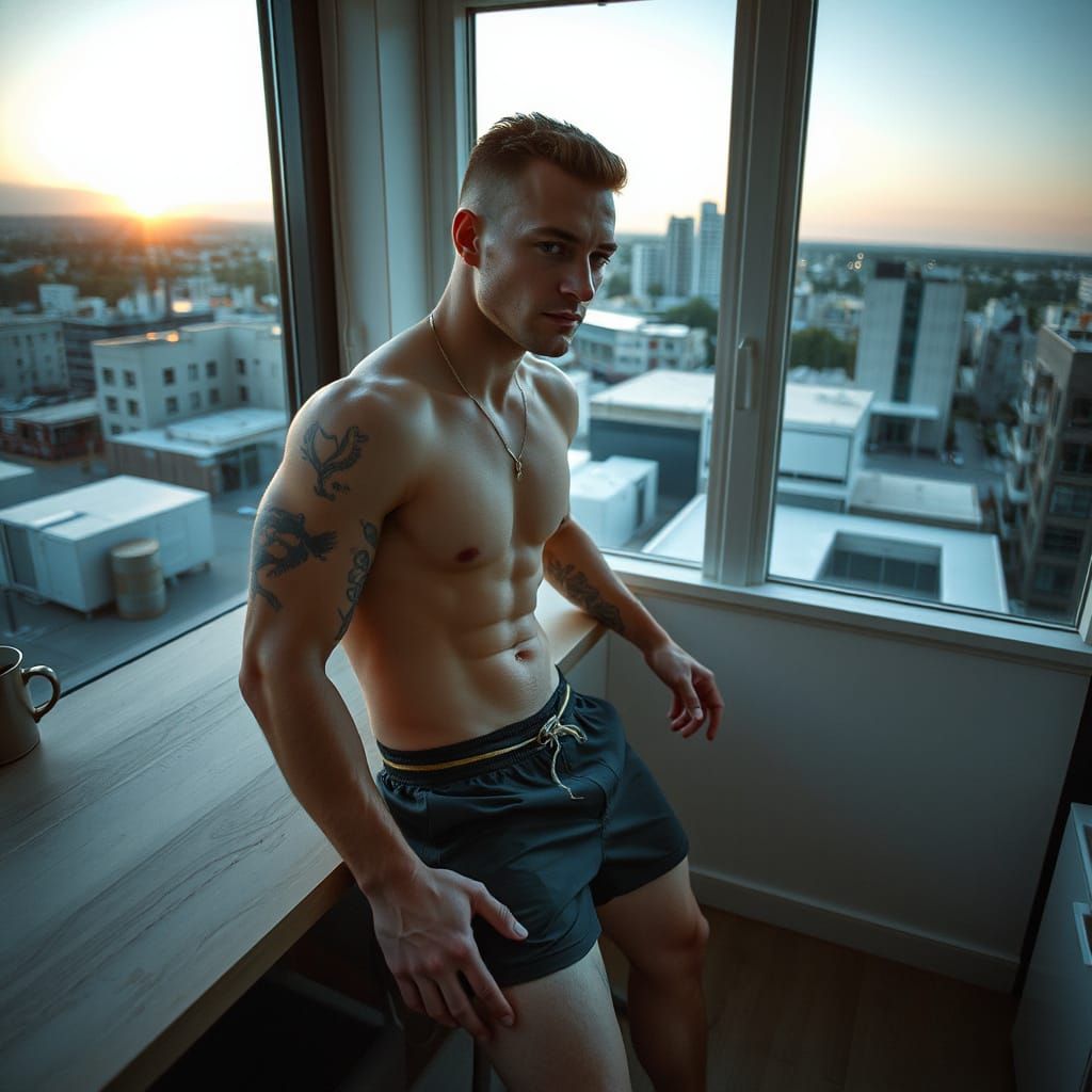 Handsome Muscle Man in Morning Cityscape