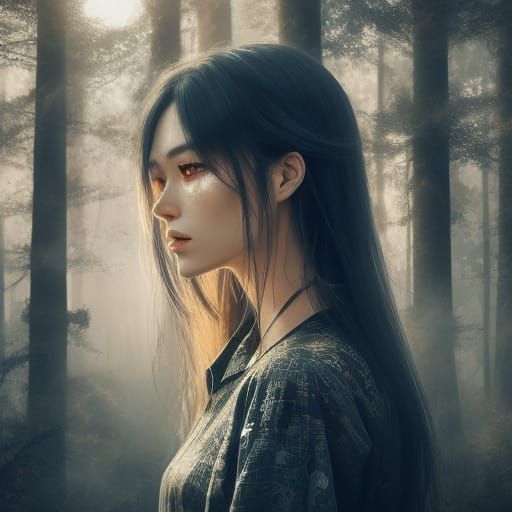 Anime Beauty in Mystical Moonlight Forest