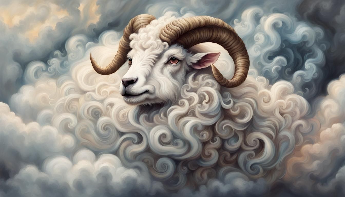 Fantasy Cloud Sheep Portrait in Watercolor Style