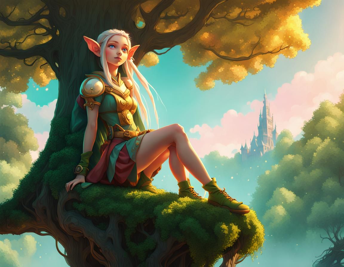 Solarpunk Elf Princess in a Lush Tree Setting