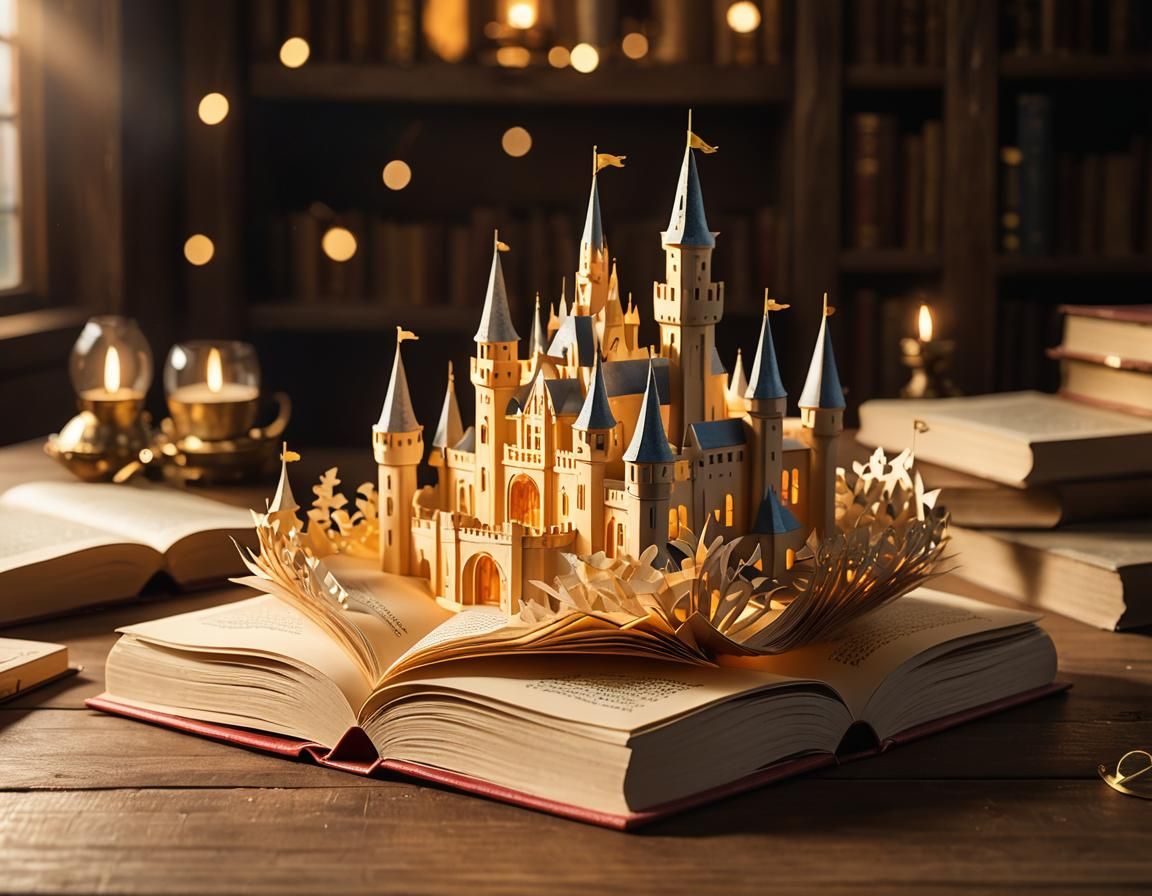 Magical Paper Castle Emerging from Book, 3D Render