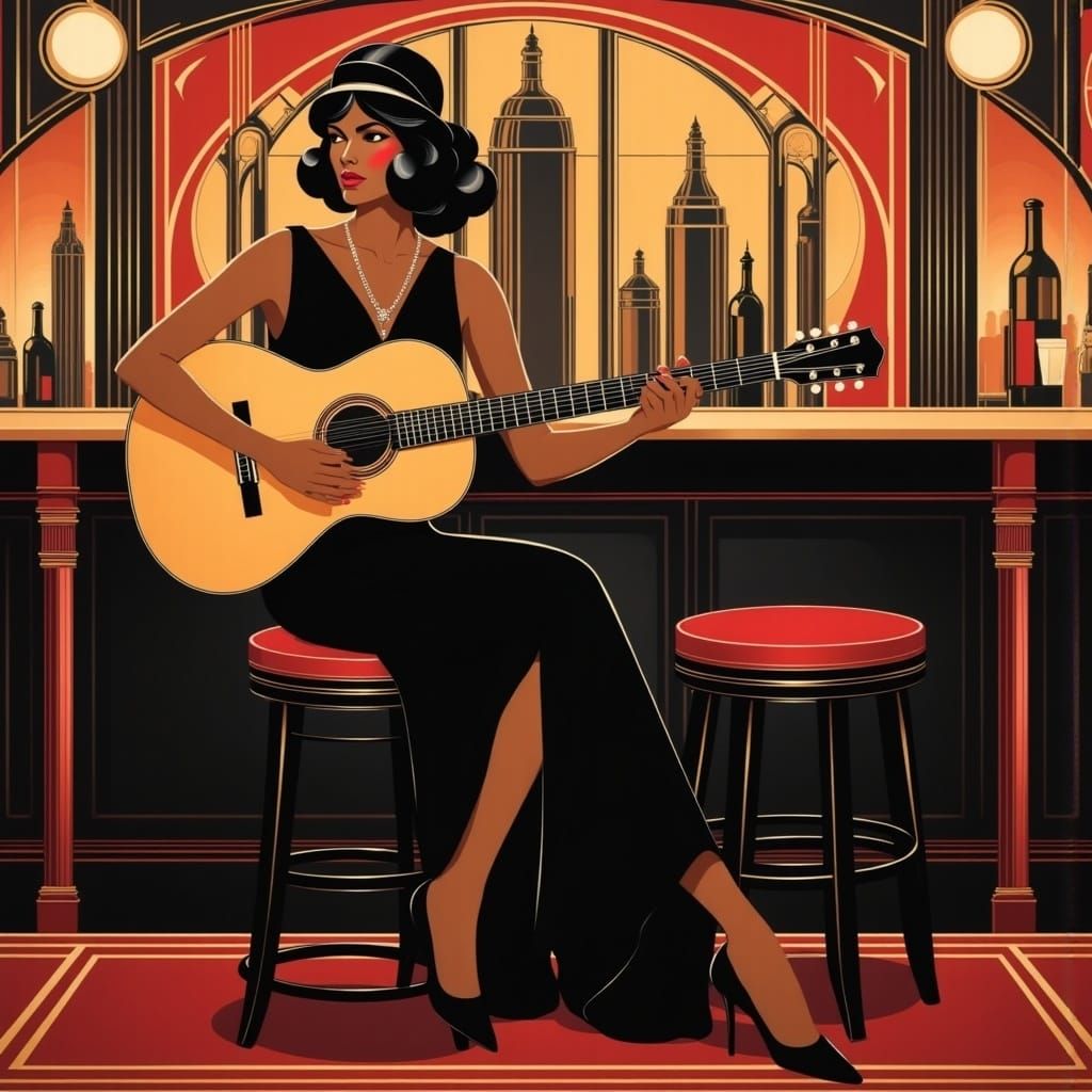 Glamorous Flapper Sings the Blues in a Vibrant Art Deco Sett...