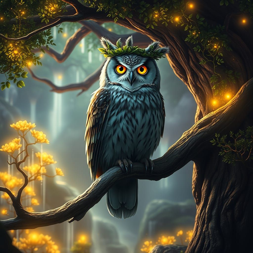 Wise Owl in Alien Grove, Hyperrealistic Art