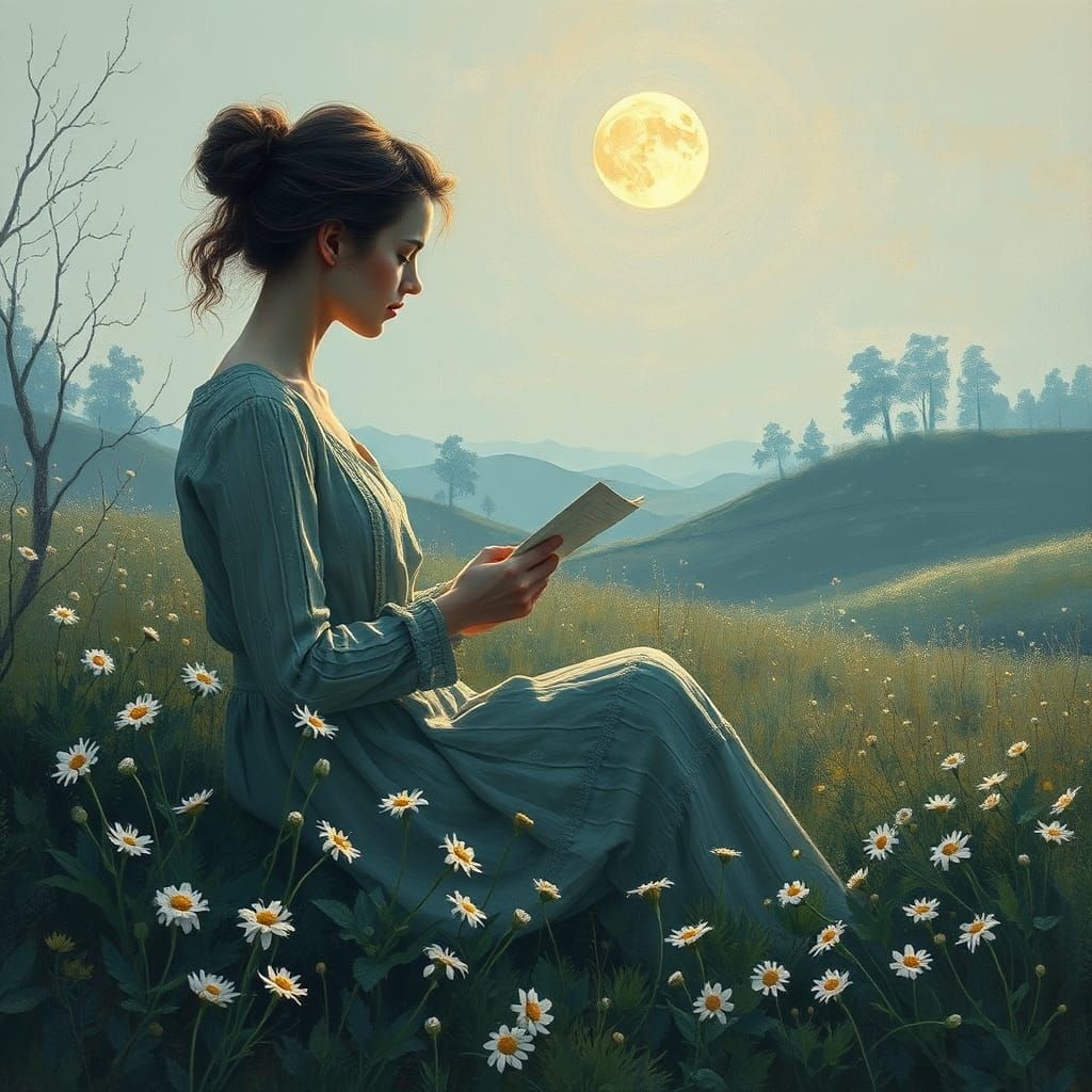 Woman Reading Letter in Moonlit Peat Meadow: Impasto Paintin...