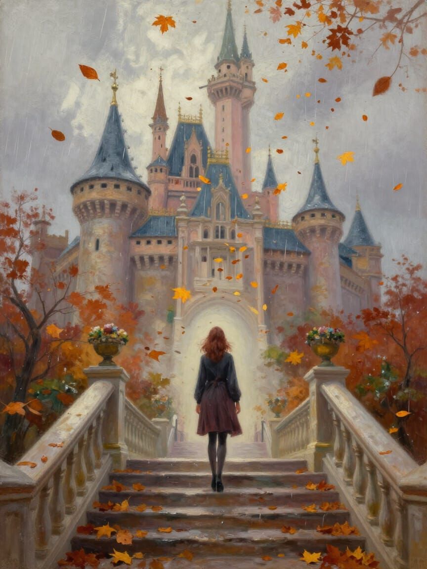 Woman Ascends Castle Stairs Amidst Upward Autumn Leaves