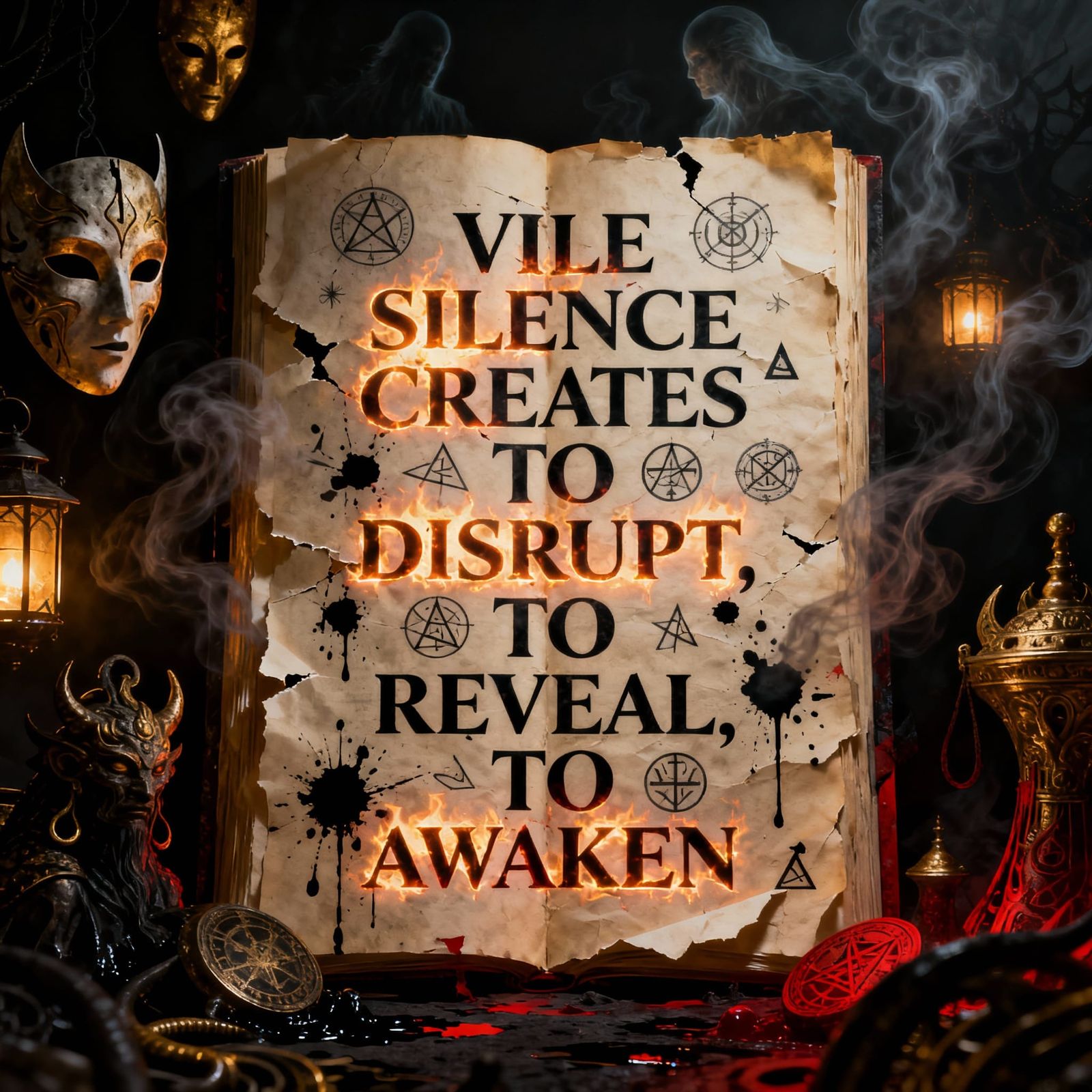 Sacred Manifesto Poster with Stylized Text and Symbols