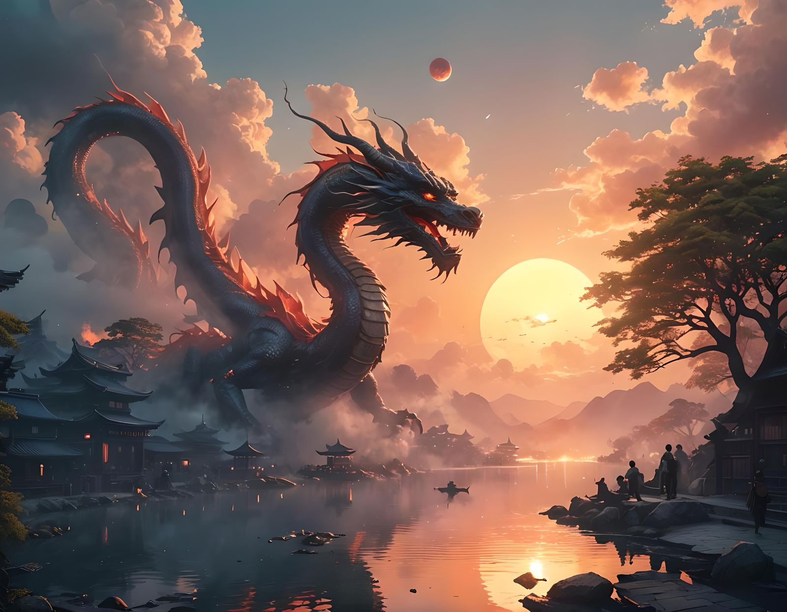 Japanese Dragon Festival, dragon over a street party, reflec...