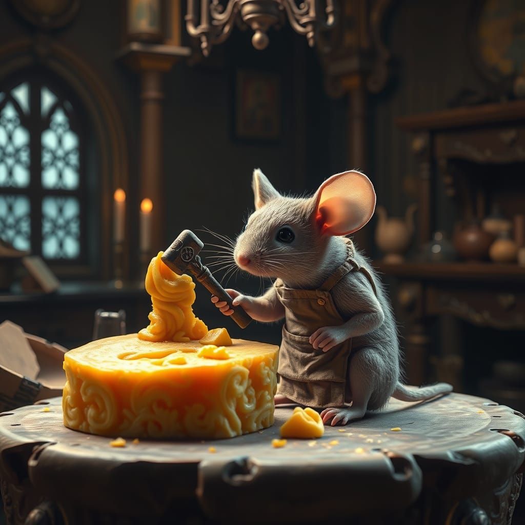 Mouse Sculpting Cheese Statue in Ornate Studio