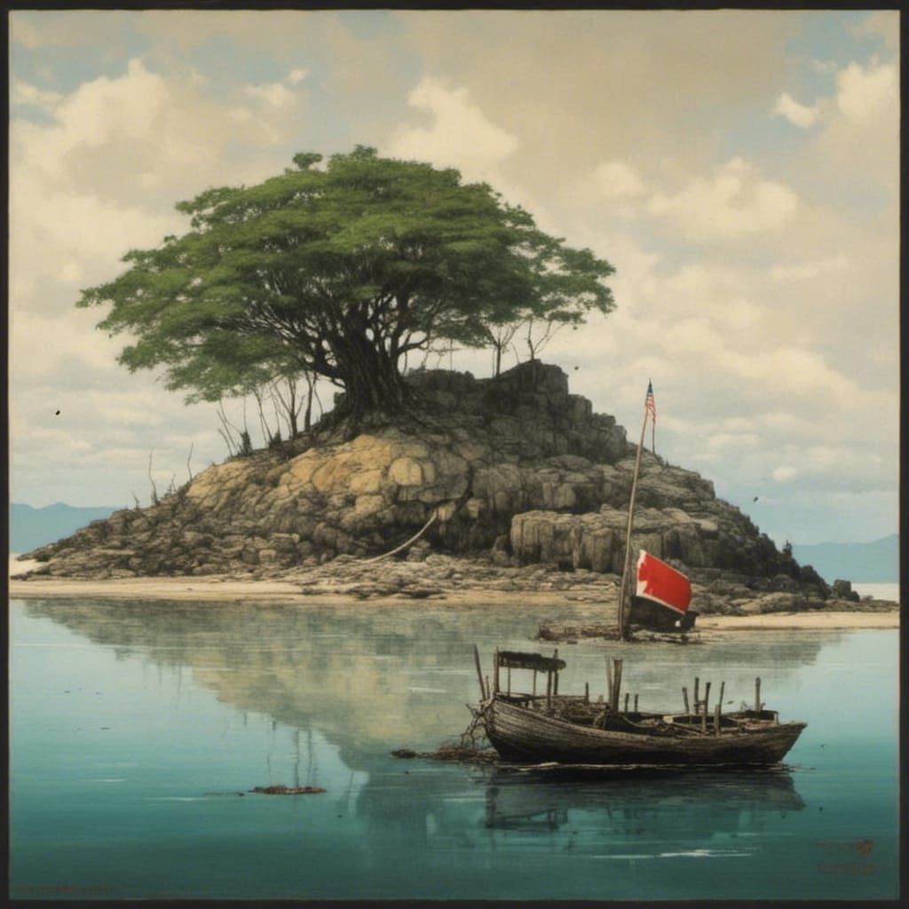 Solitary Black Island With White Flag