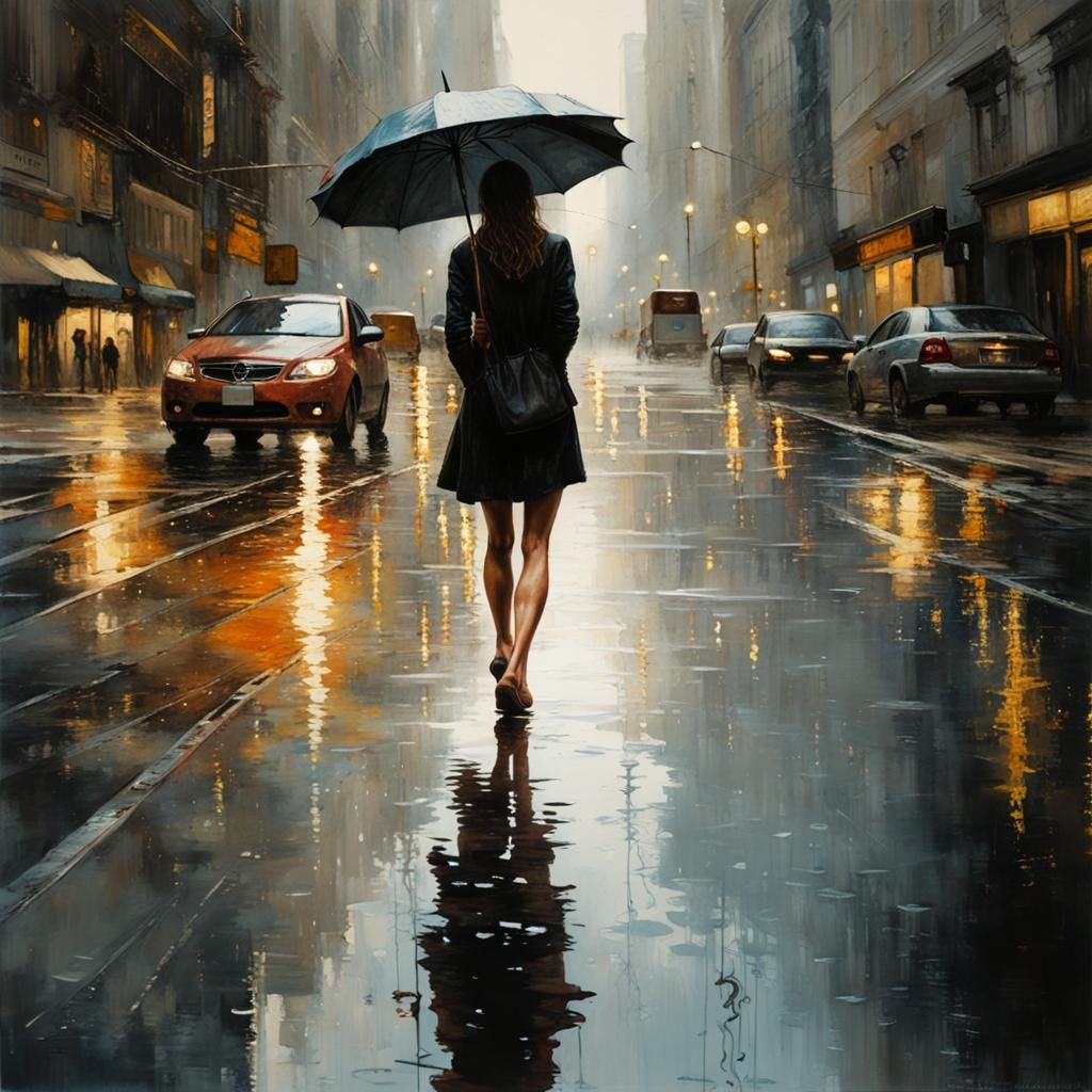 Woman Walks in Rainy Cosmic Cityscape Painting