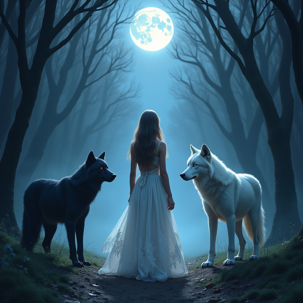 Girl with Wolves in Moonlit Forest
