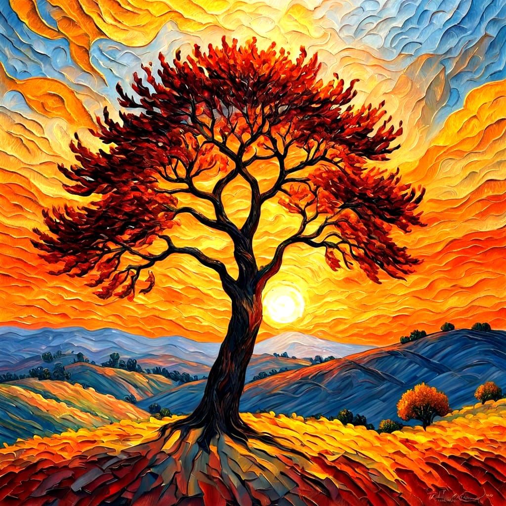 Solitary Tree at Sunset as Impasto Painting