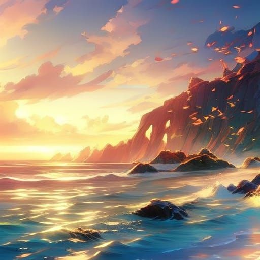 Anime Shoreline Scene in Blues and Reds
