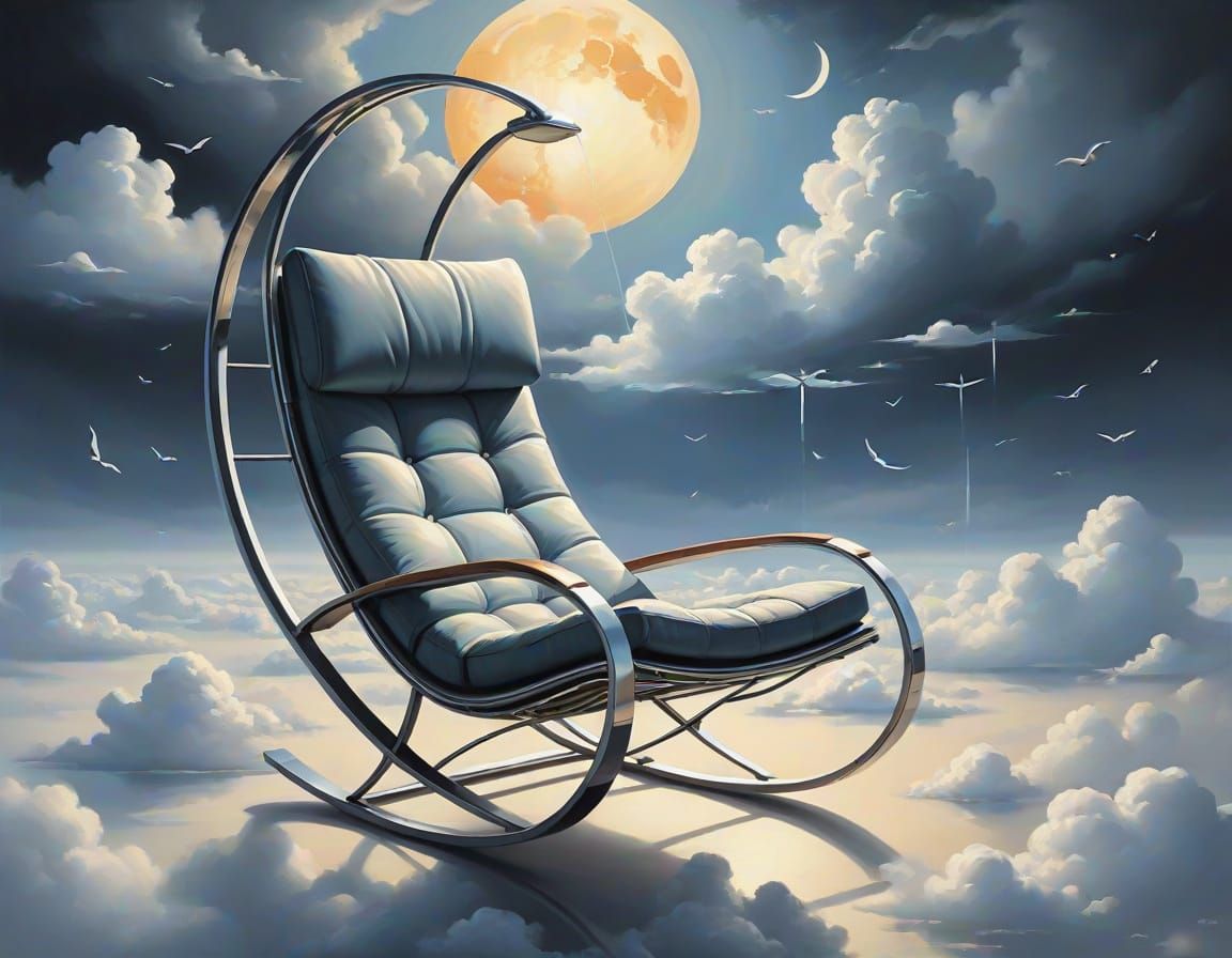 Chrome Rocking Chair Levitating Above Storm Clouds as Oil Pa...