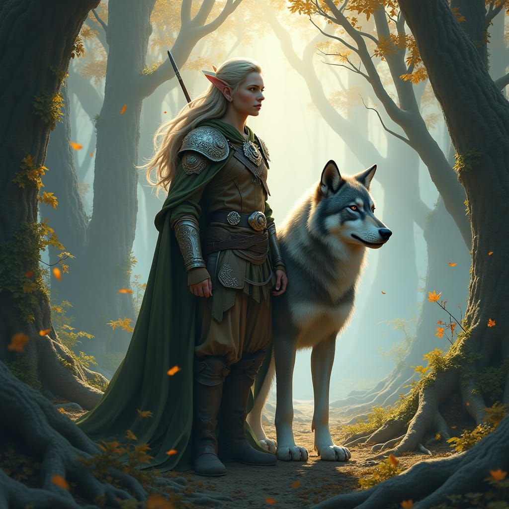 Majestic Elf Ranger in Earthy Armor Stands with Regal Gray W...