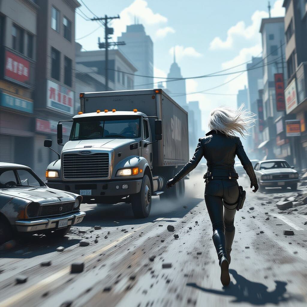 Armored Truck Chase in Dystopian Cityscape