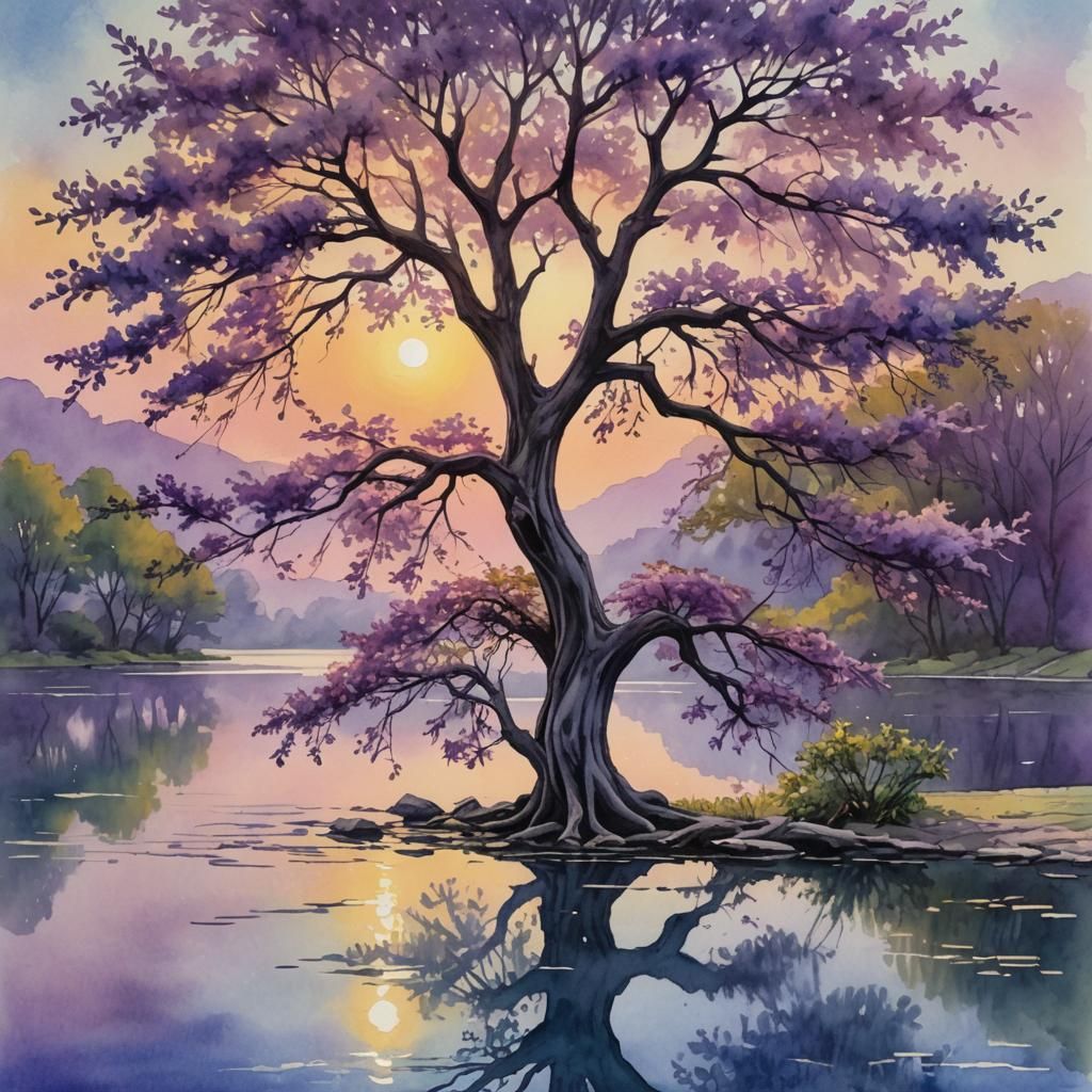 Purple Locust Tree Watercolor Painting at Sunrise