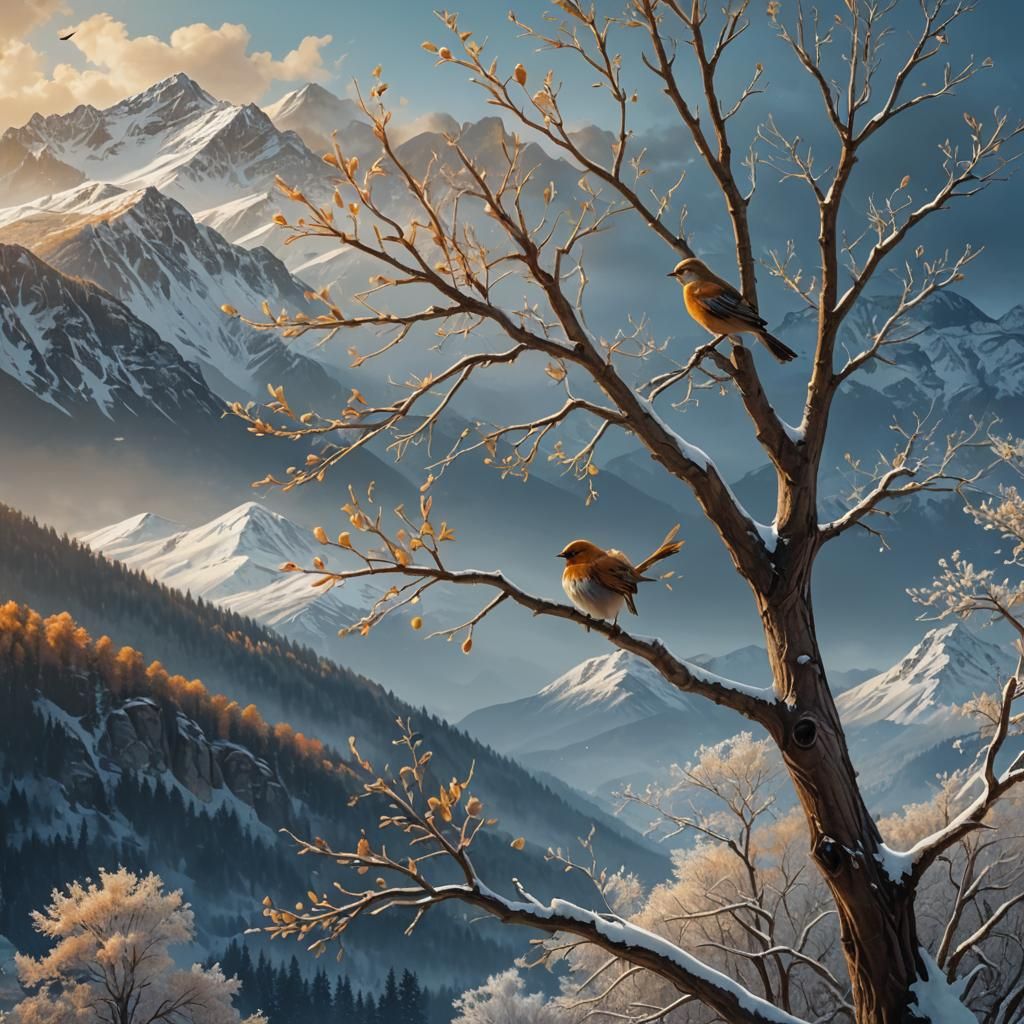 Autumn Tree and Snowy Mountains in Digital Painting