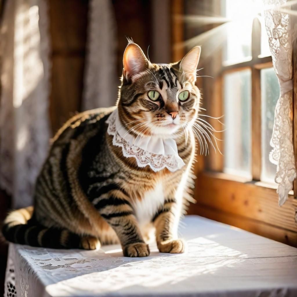 Tabby Cat in Sunlit Interior with Lace