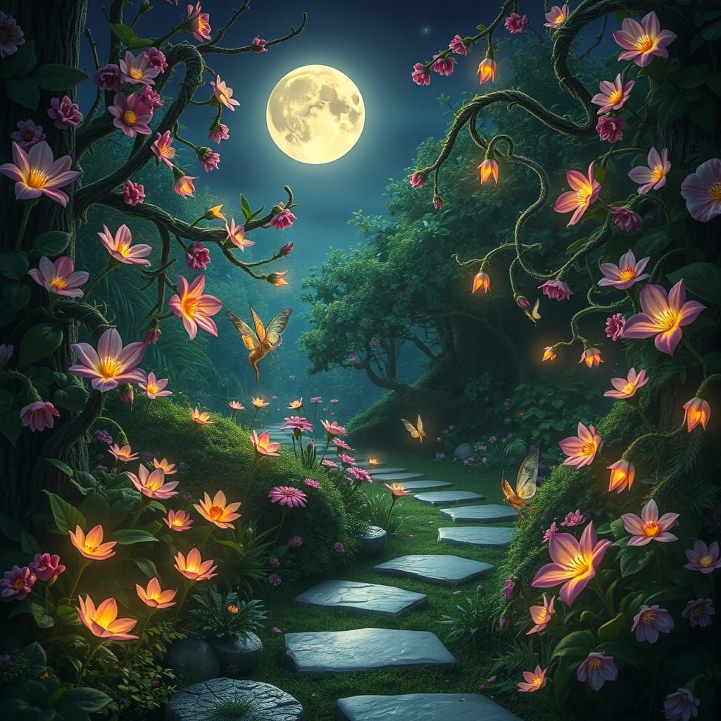 Whimsical Moonlit Garden Scene in Ethereal Light
