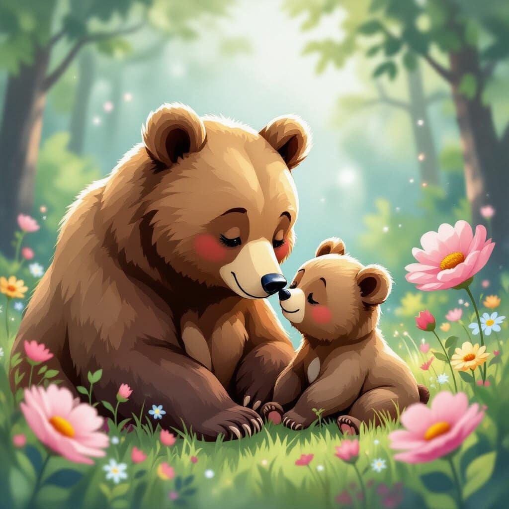 Mother Bear and Cub in Whimsical Watercolor Forest