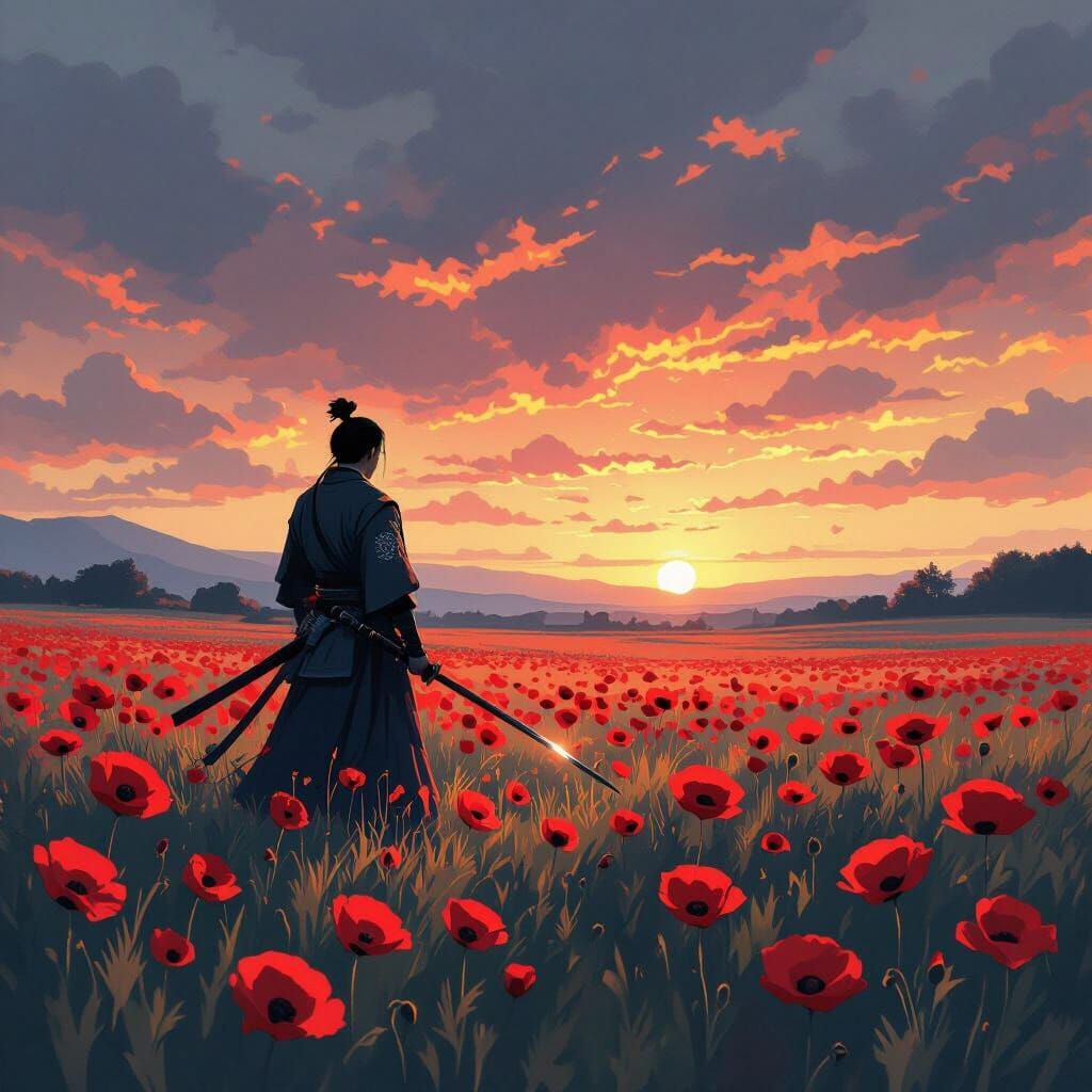 Samurai in Poppy Field: Cinematic Woodblock Print