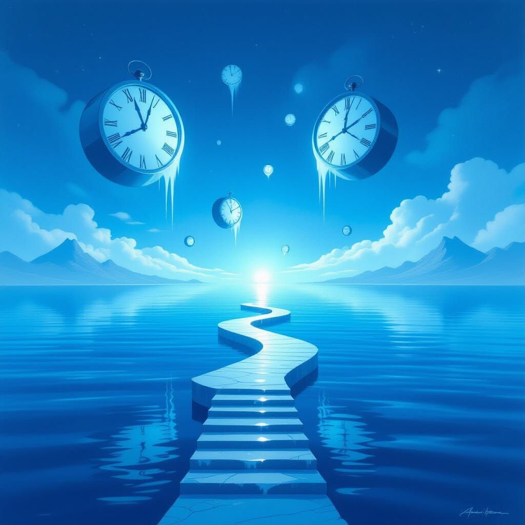 Surreal Ocean Flows Upward Into Sky with Floating Clock Isla...