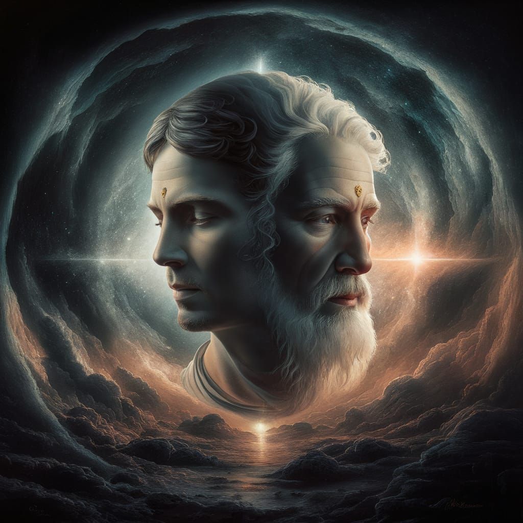 Spiritual Janus Figure in Cosmic Oil Painting