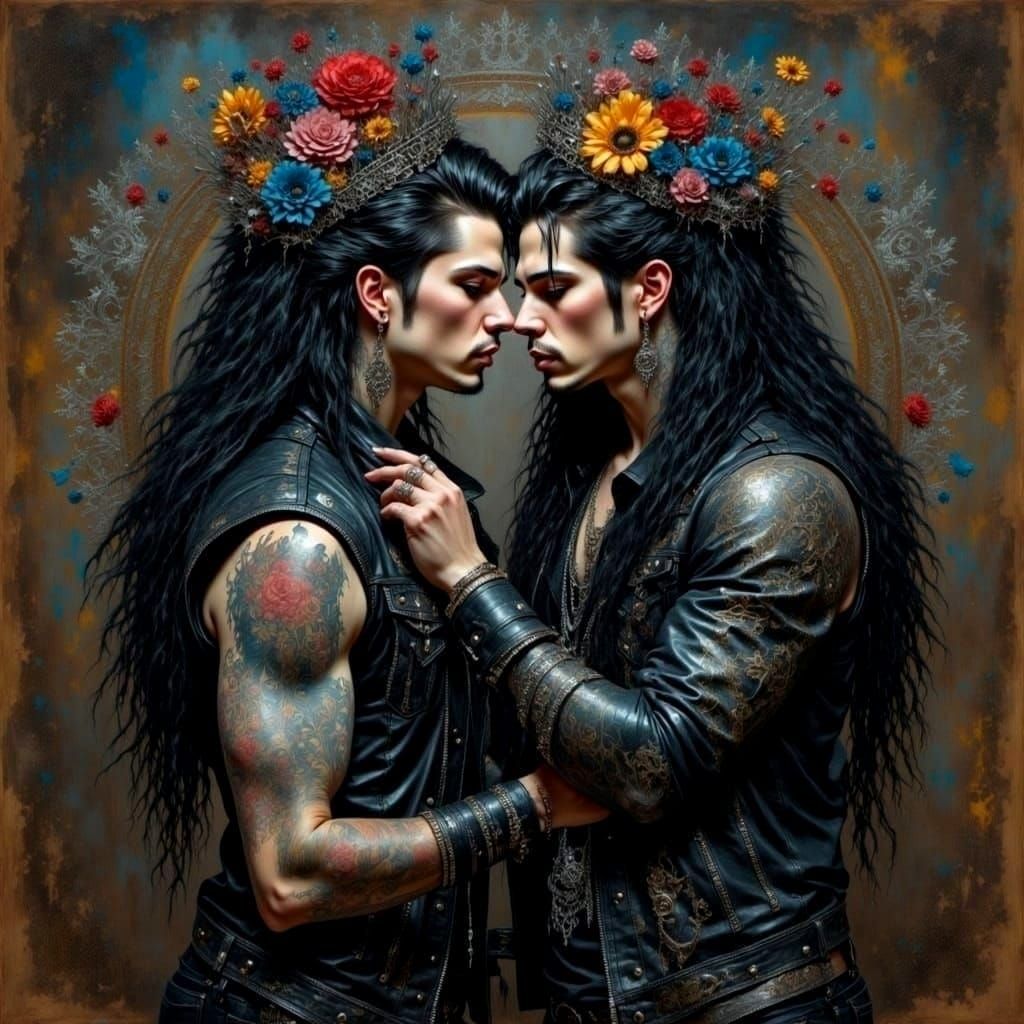 Romantic Gothic Metalhead Couple Portrait with Flowers