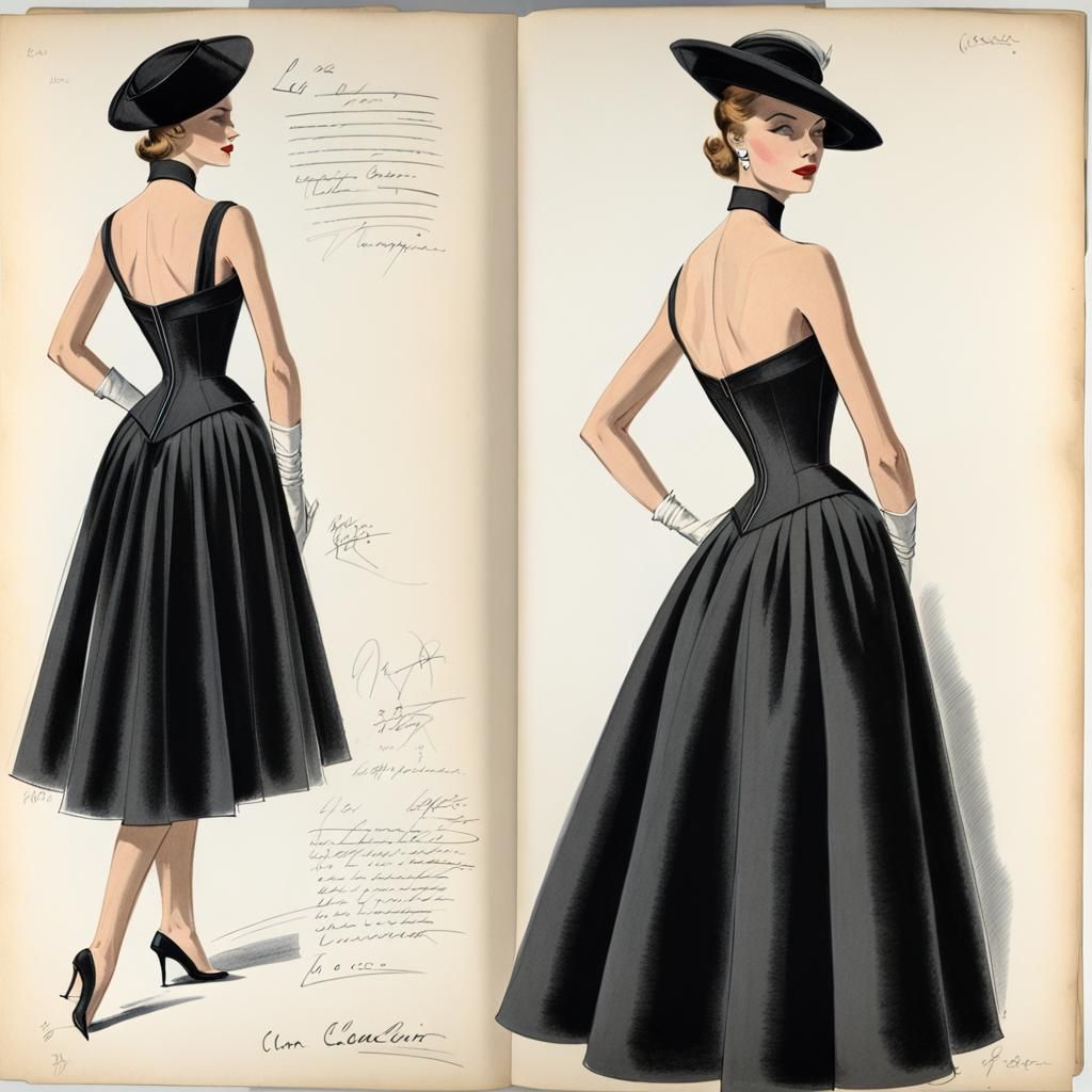 Croquis d'une robe d'après -midi haute couture, 1956. Titre : " La couleur noire en liberté"
