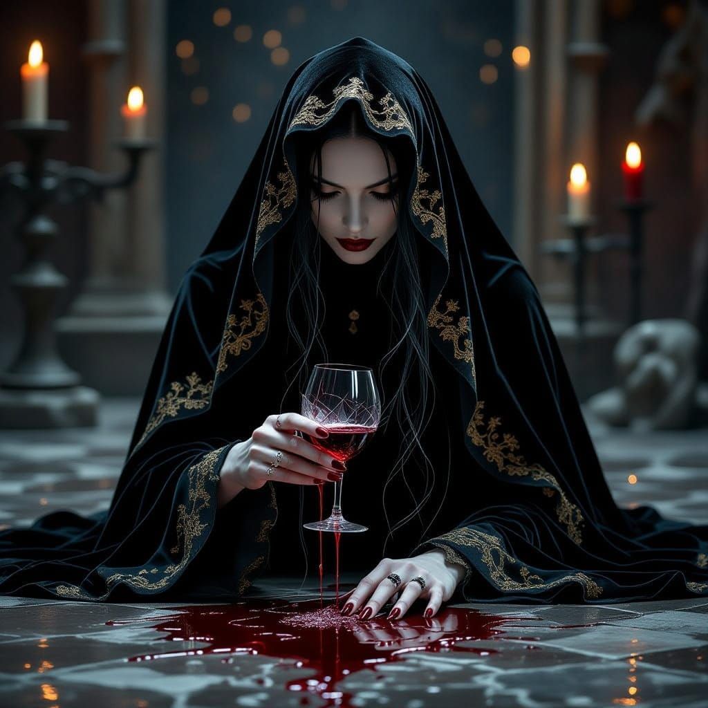 Ethereal Woman in Dark Velvet Robes, Shattered Wine Glass, a...