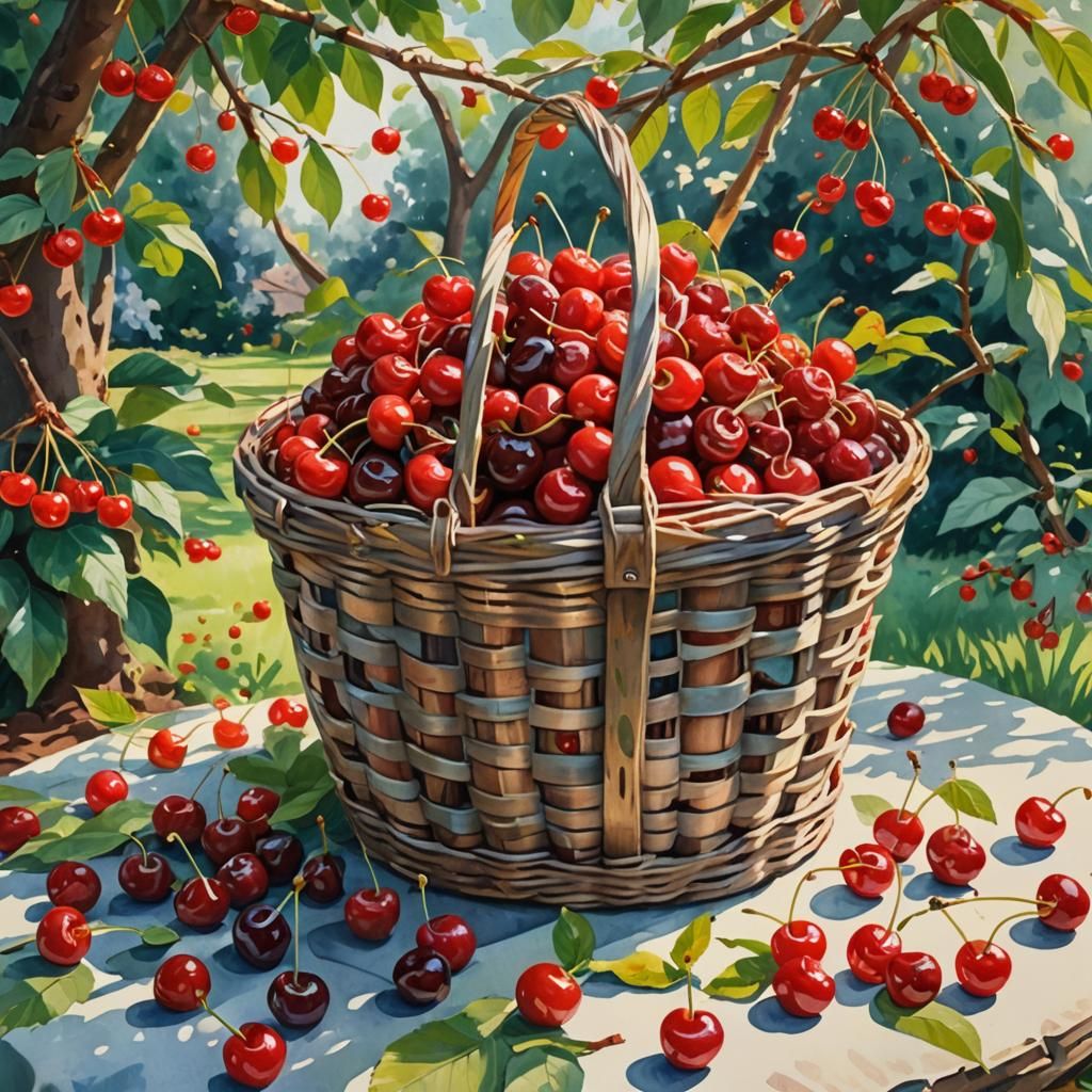 Cherries in Garden: Gouache Watercolor Impressionism